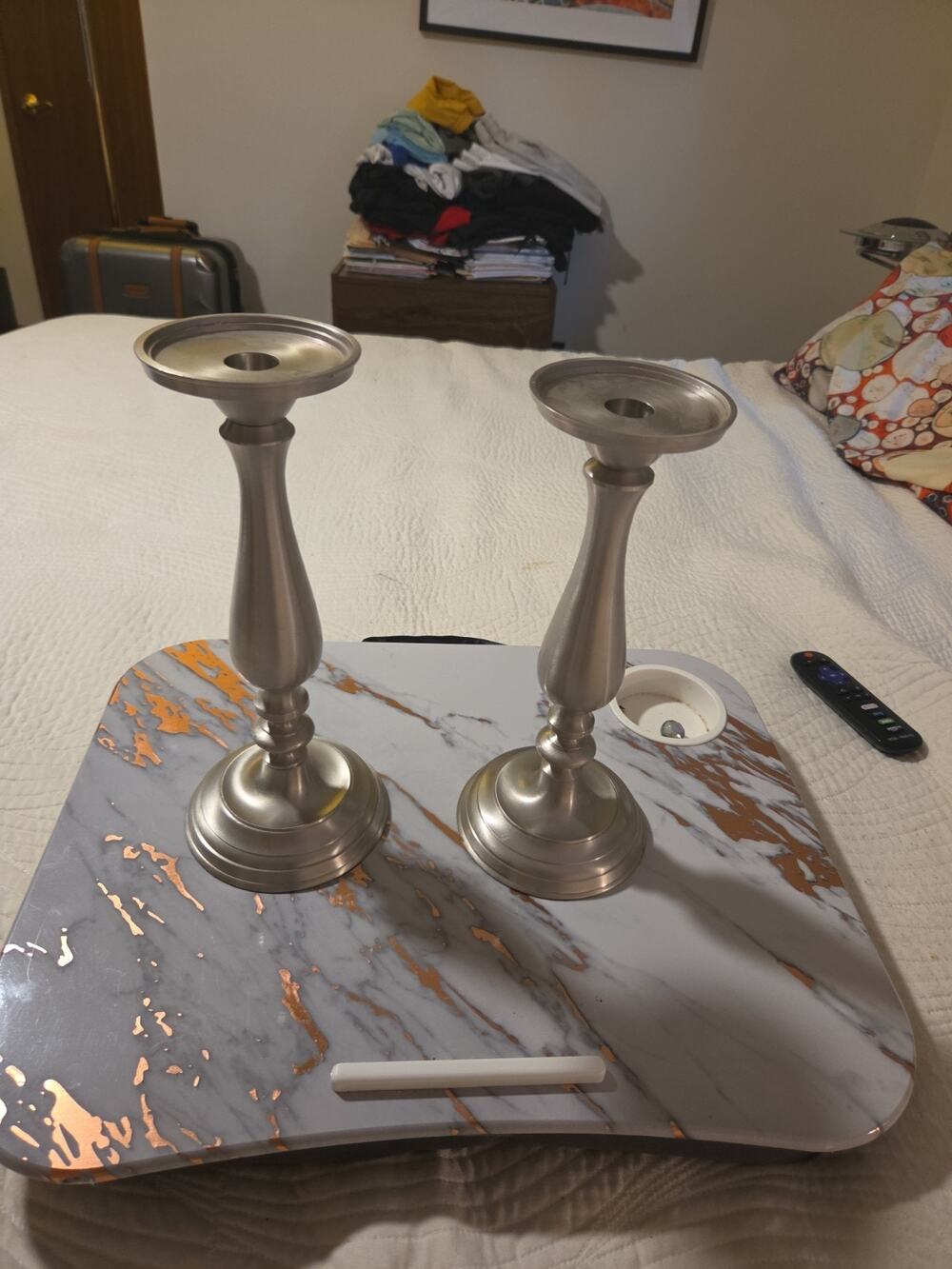 Two Pewter Candleholders 11 In High